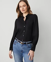 Ann Taylor Embroidered Linen Blend Pocket Shirt Size Large Black Women's