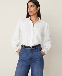 Ann Taylor Embroidered Linen Blend Pocket Shirt White Women's