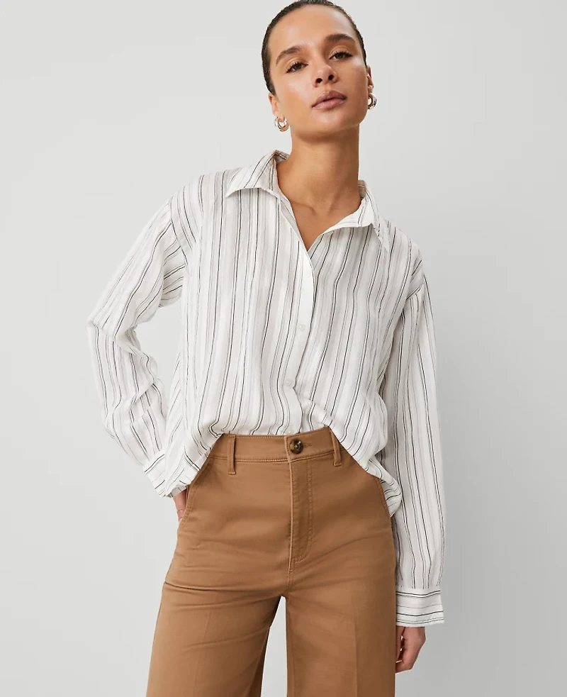 Ann Taylor Petite Weekend Collection Striped Drop Shoulder Shirt Size Large White/Black Multi Women's