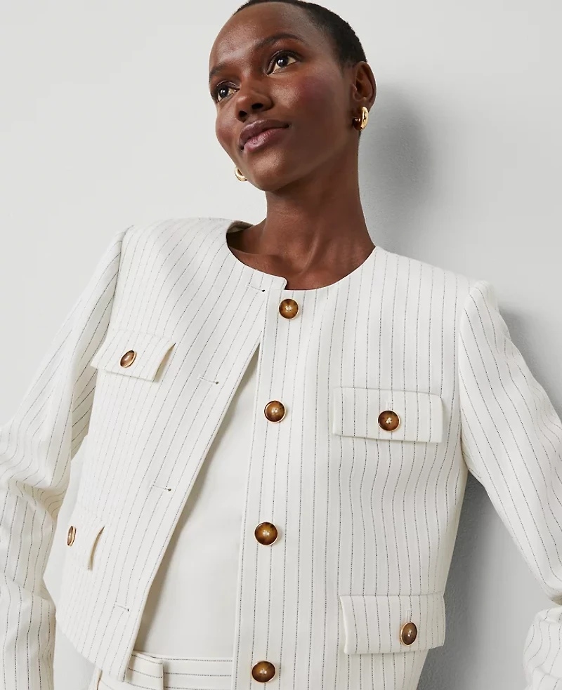 Ann Taylor Petite Pinstripe Crew Neck Jacket Dusty Ivory Melange Women's
