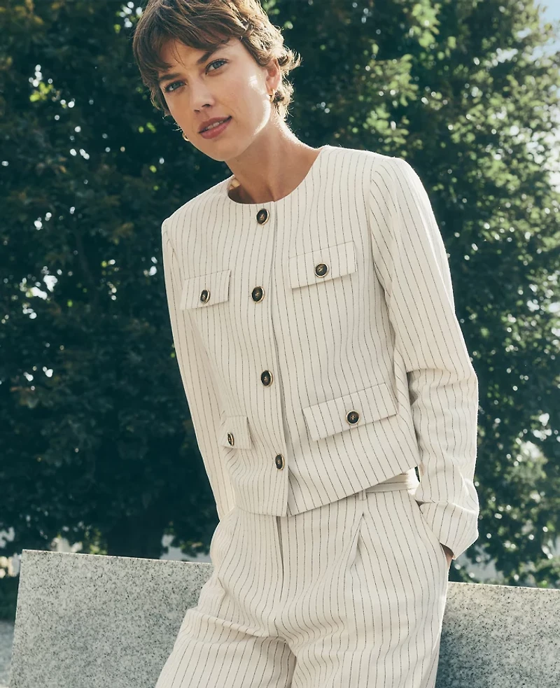 Ann Taylor Petite Pinstripe Crew Neck Jacket Dusty Ivory Melange Women's