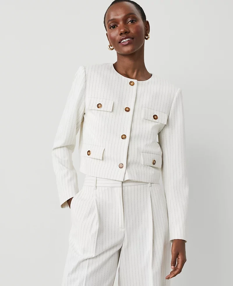 Ann Taylor Petite Pinstripe Crew Neck Jacket Dusty Ivory Melange Women's