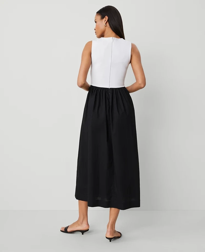 Ann Taylor Petite V-Neck Mixed Media Flare Dress Black Women's