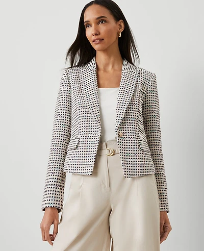 Ann Taylor Petite Tweed Fitted Blazer Size 12 Ivory/Navy Multi Women's