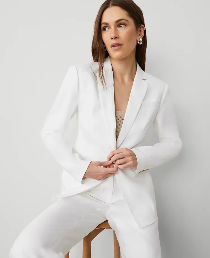 Ann Taylor The Petite One-Button Blazer Herringbone Linen Blend White Women's