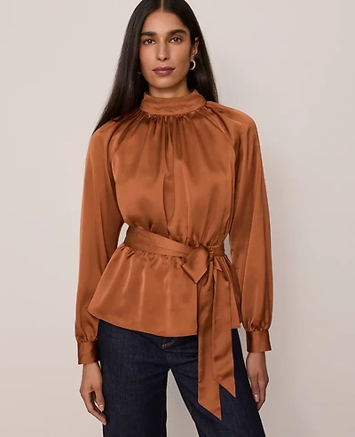 Ann Taylor Satin Tie Waist Blouse Spiced Cider Women's