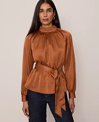 Ann Taylor Satin Tie Waist Blouse Spiced Cider Women's