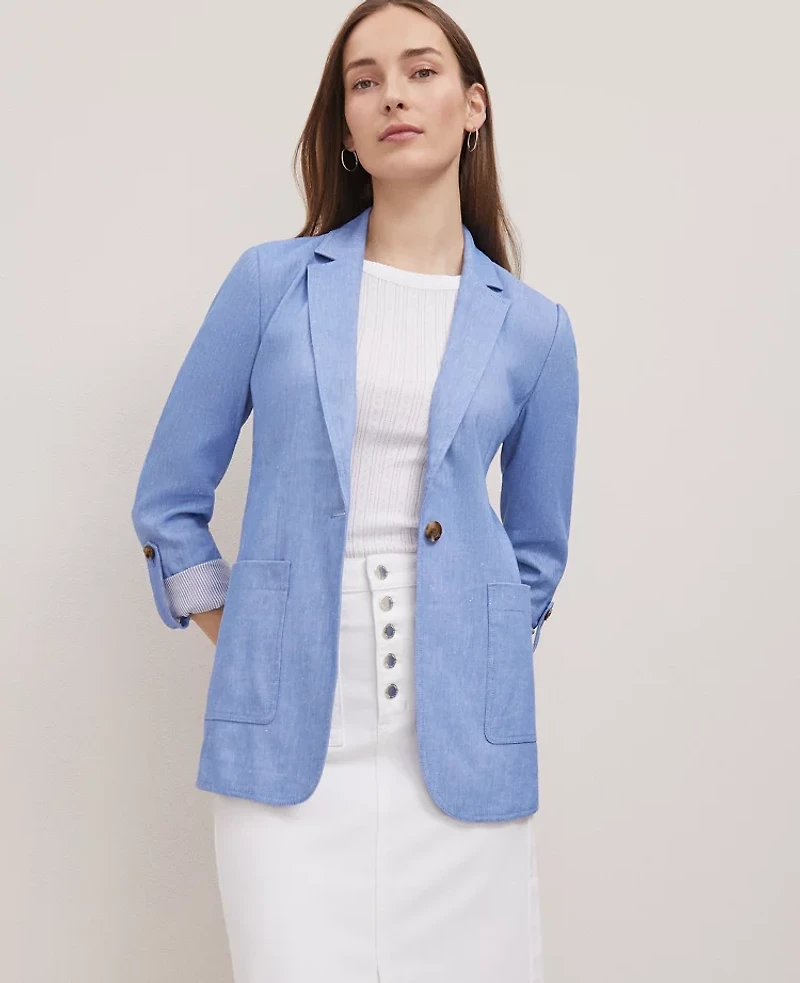 Ann Taylor Weekend Collection Roll Sleeve Linen Blend Blazer Size 2 Blue Grotto Women's