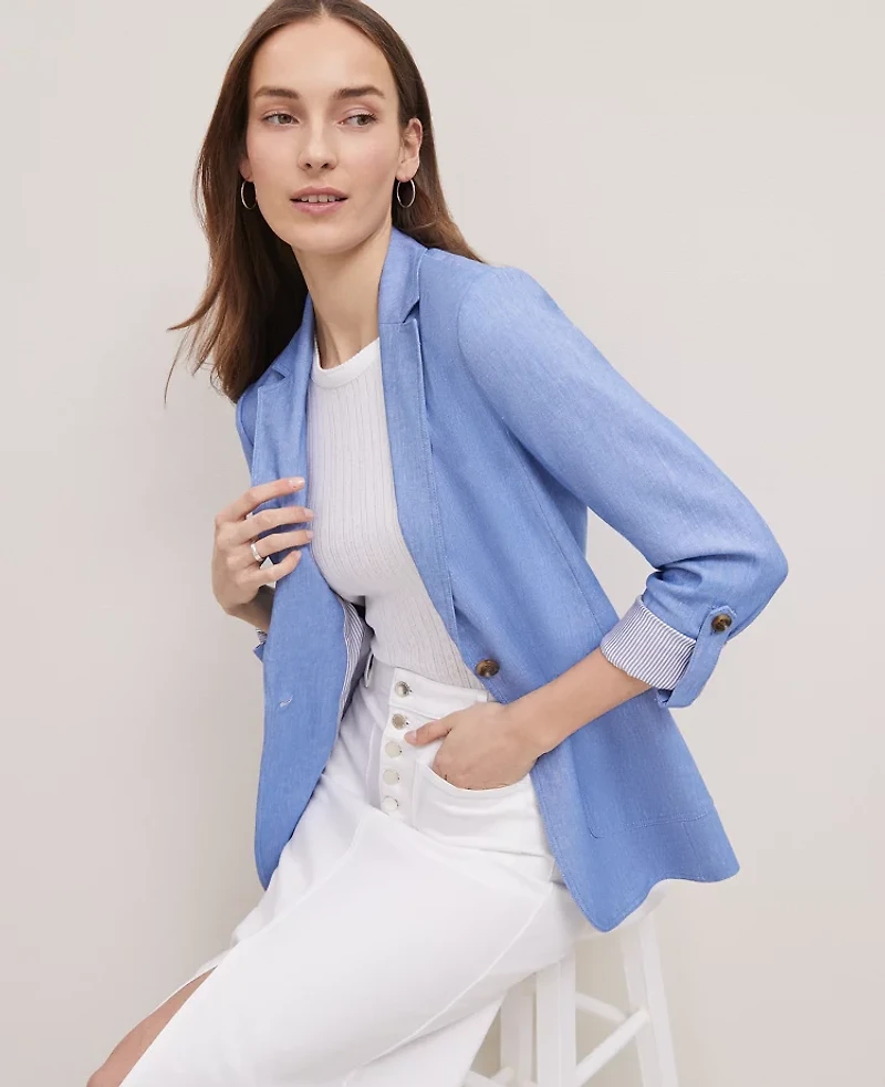 Ann Taylor Weekend Collection Roll Sleeve Linen Blend Blazer Size 2 Blue Grotto Women's