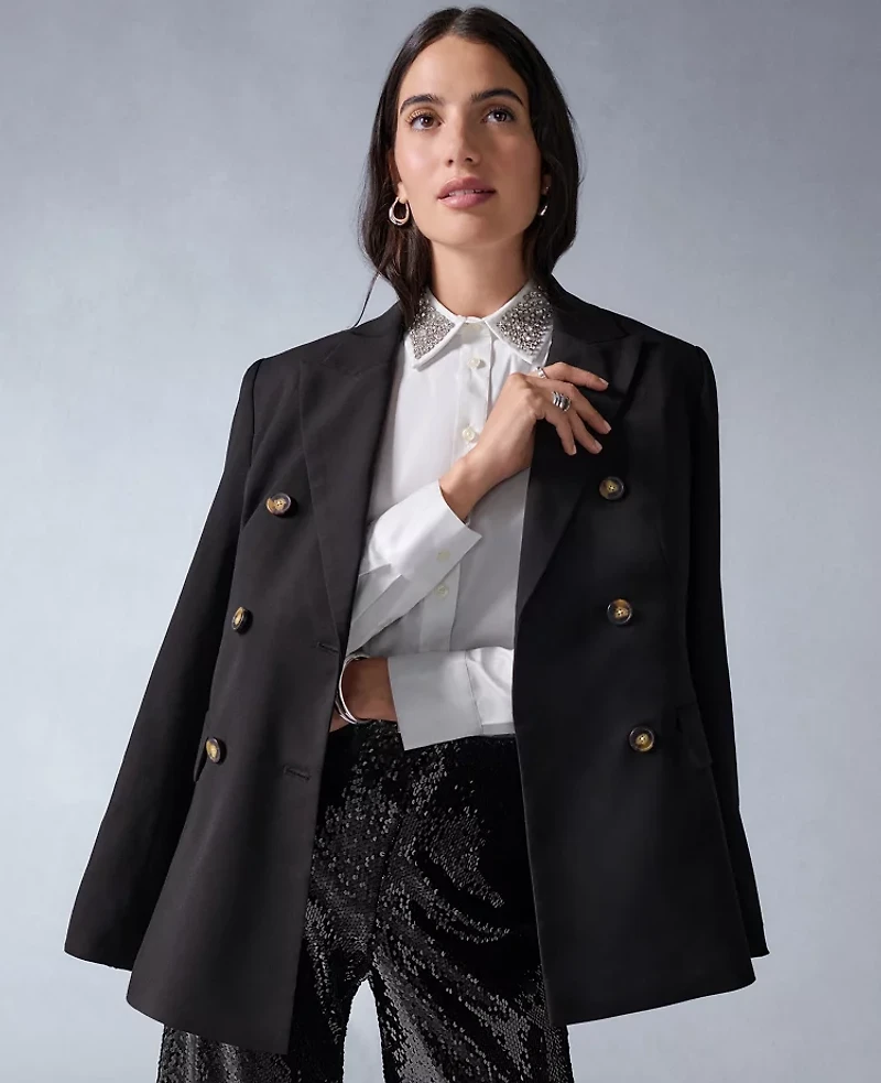 Ann Taylor Fitted Long Double Breasted Blazer Black Women's