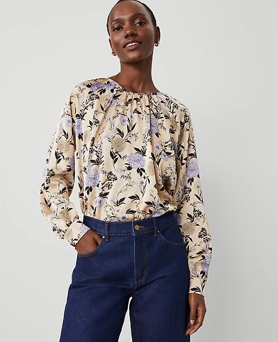 Ann Taylor Petite Floral Shirred Raglan Top Toasted Oat Women's