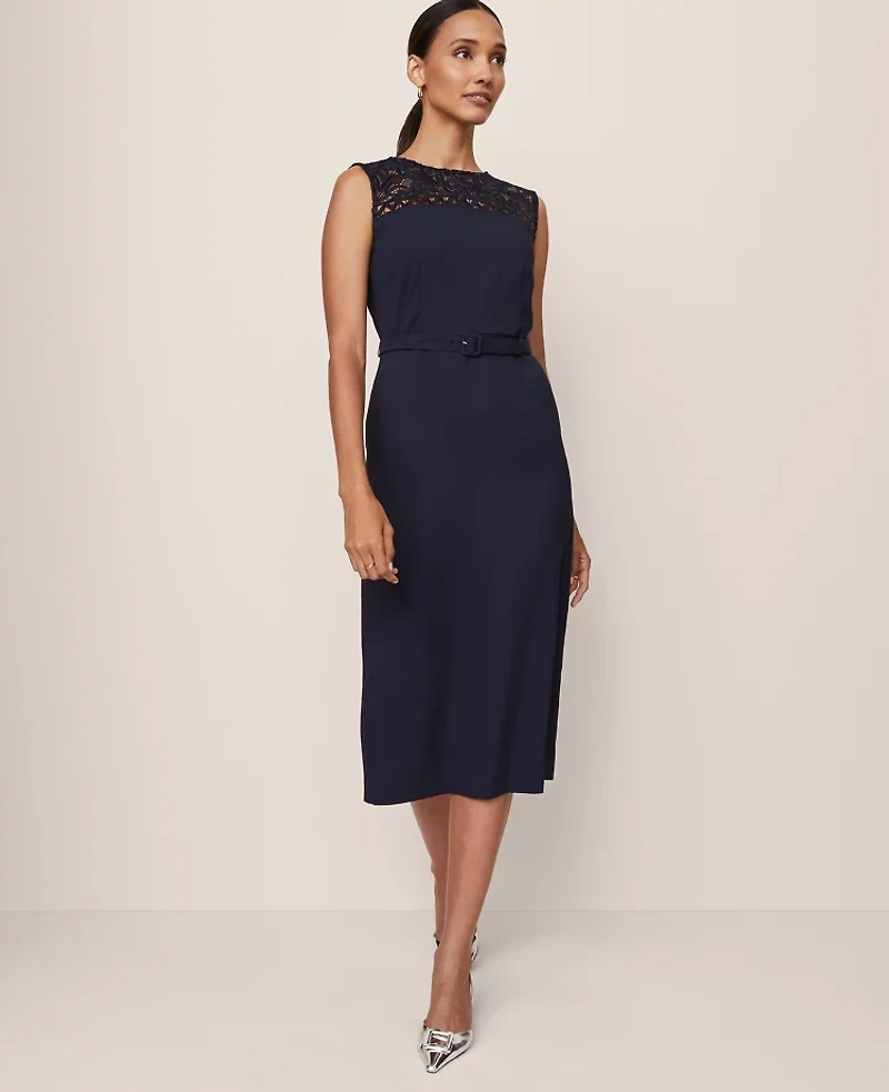 Ann Taylor Lace Trim Satin Midi Dress Night Sky Women's
