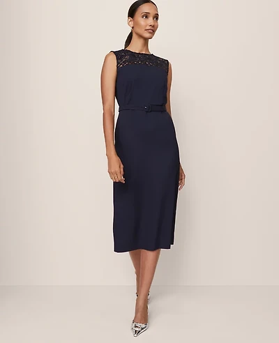 Ann Taylor Lace Trim Satin Midi Dress Night Sky Women's
