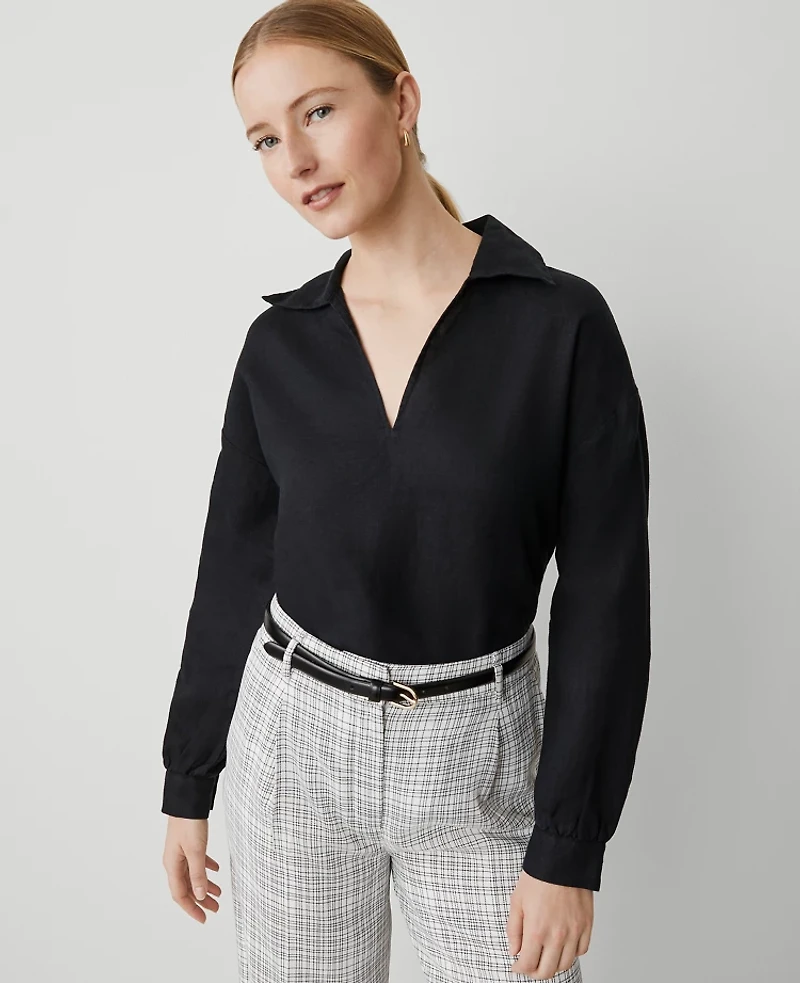 Ann Taylor Tall Collared Linen Popover Top Black Women's