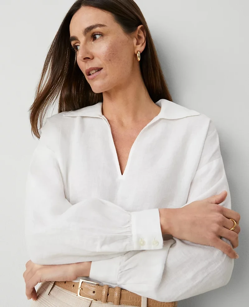 Ann Taylor Petite Linen Collared Popover Top Women's