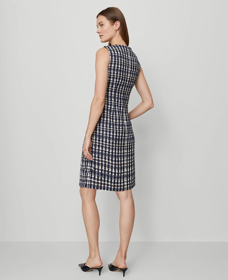 Ann Taylor Tweed Button Shift Dress Navy/White Combo Women's