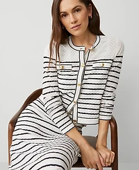 Ann Taylor Petite Textured Striped Pocket Cardigan White/Black Multi Women's