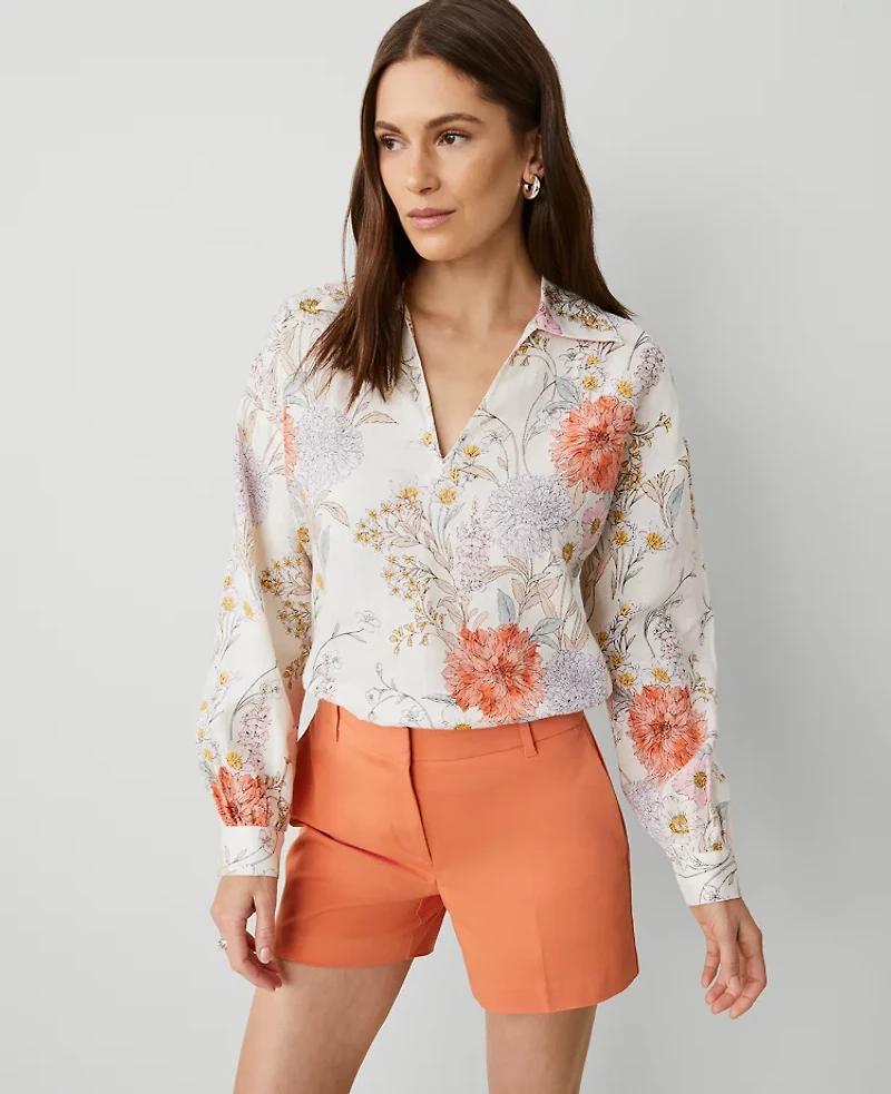 Ann Taylor Petite Linen Floral Top Orchid Hush Women's