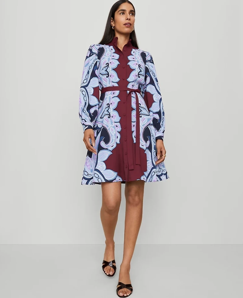 Ann Taylor Paisley Ruffle Collar Flare Dress Windsor Wine Women's