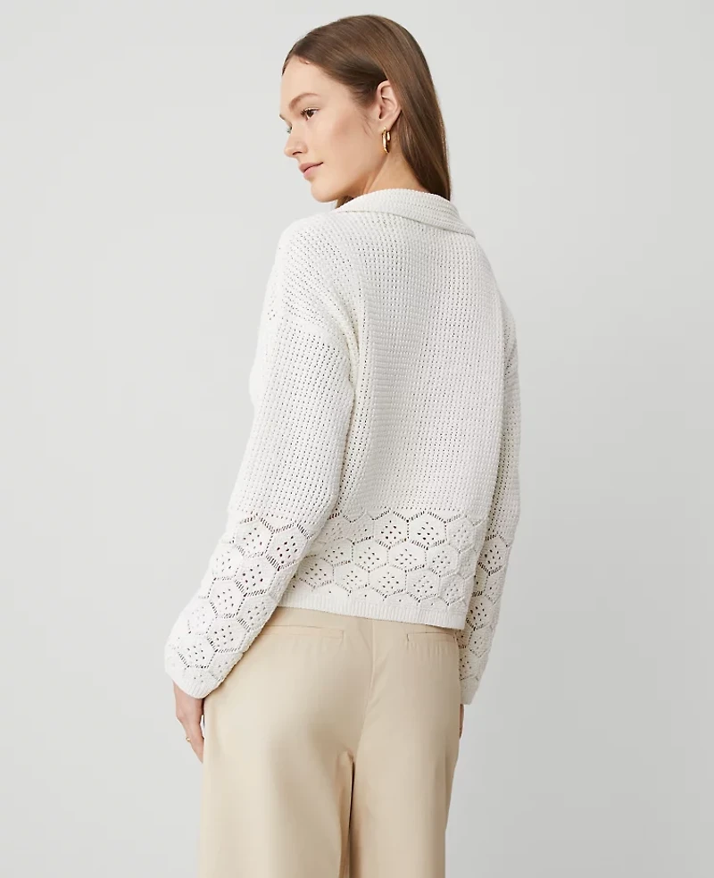 Ann Taylor Petite Crochet Collared Sweater Size XL White Women's