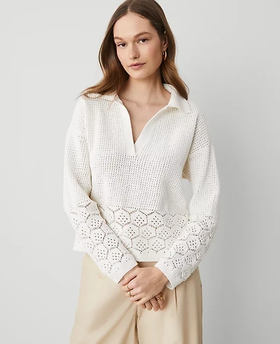 Ann Taylor Petite Crochet Collared Sweater Size XL White Women's