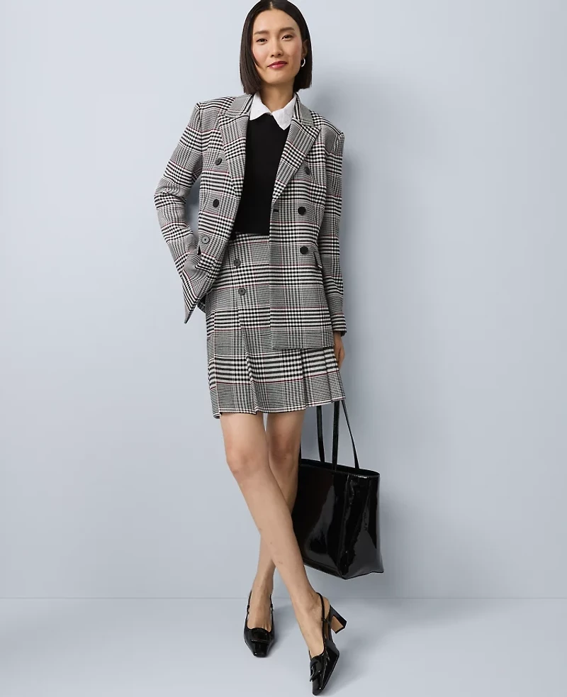 Ann Taylor Plaid Fitted Long Blazer Black Women's