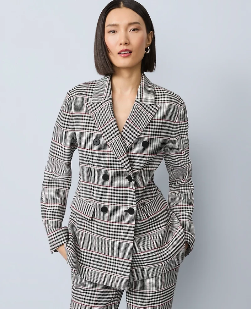Ann Taylor Plaid Fitted Long Blazer Black Women's