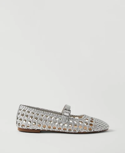 Ann Taylor Metallic Woven Mary Jane Ballet Flats Silver Women's