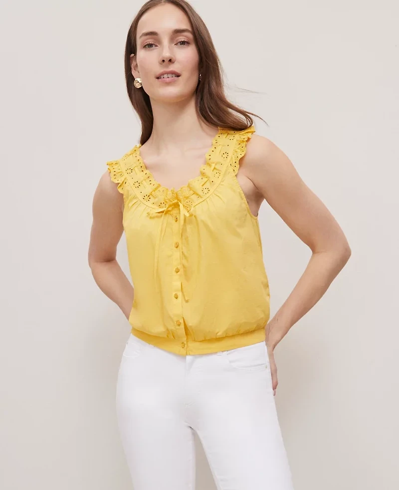 Ann Taylor Petite Weekend Collection Eyelet Tie Neck Top Women's