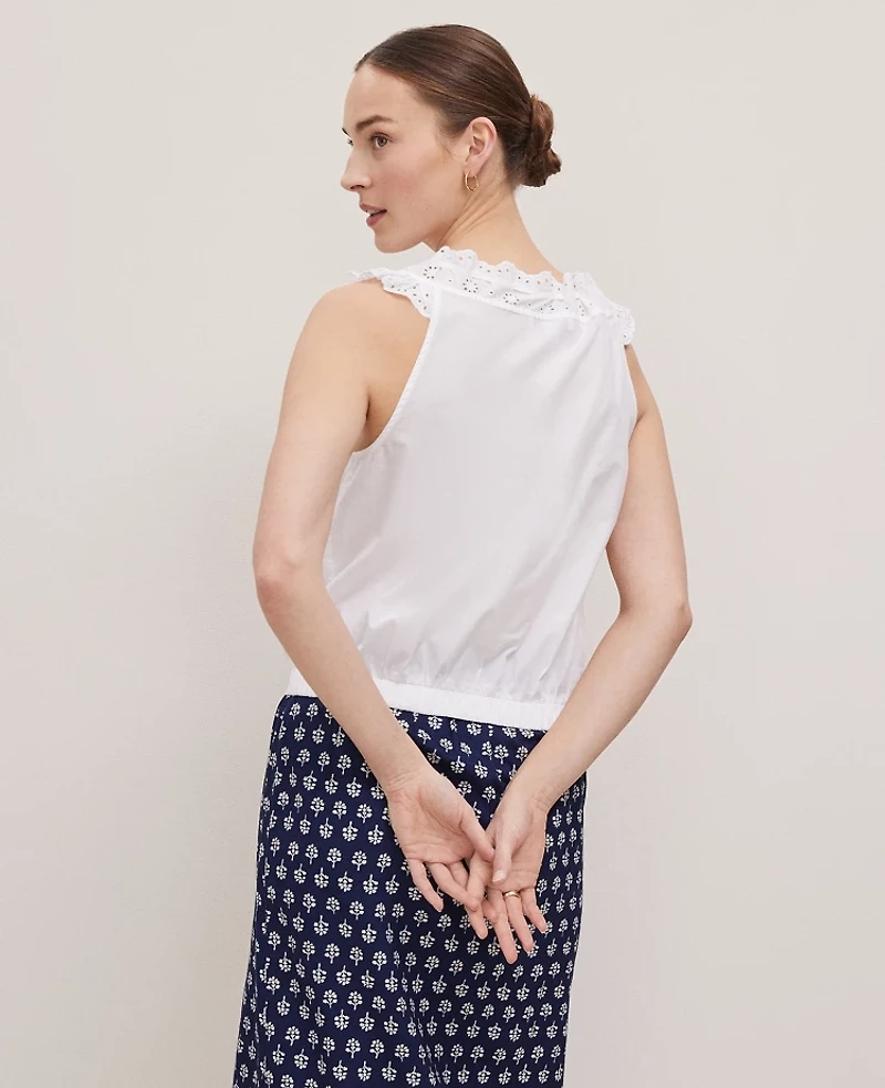 Ann Taylor Petite Weekend Collection Eyelet Tie Neck Top White Women's