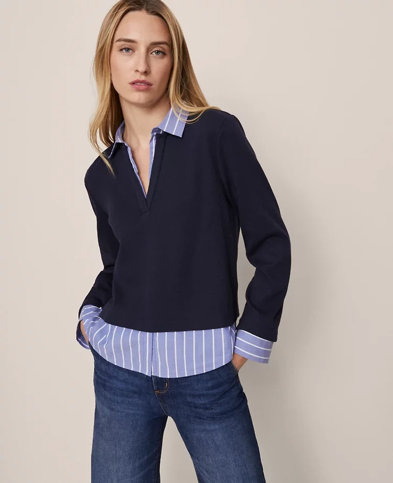 Ann Taylor Weekend Collection Layered Mix Media Top Night Sky Women's