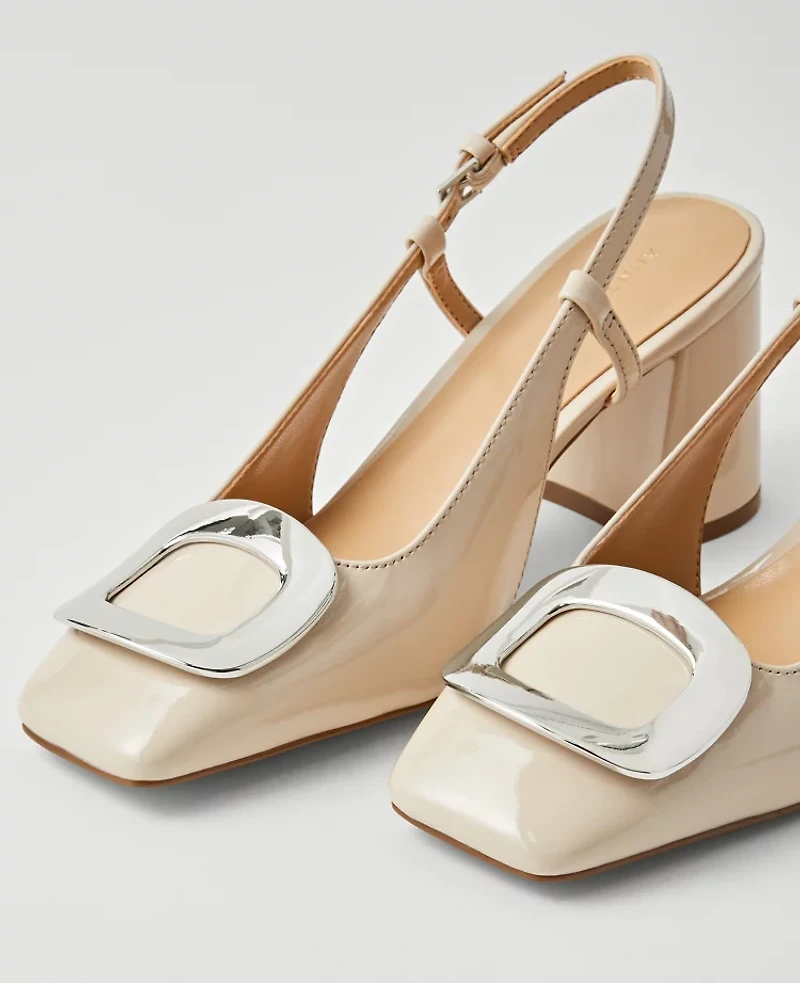 Ann Taylor Patent Block Heel Buckle Slingback Pumps Pearl Shadow Women's