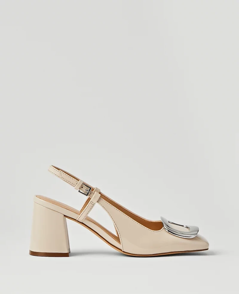 Ann Taylor Patent Block Heel Buckle Slingback Pumps Pearl Shadow Women's