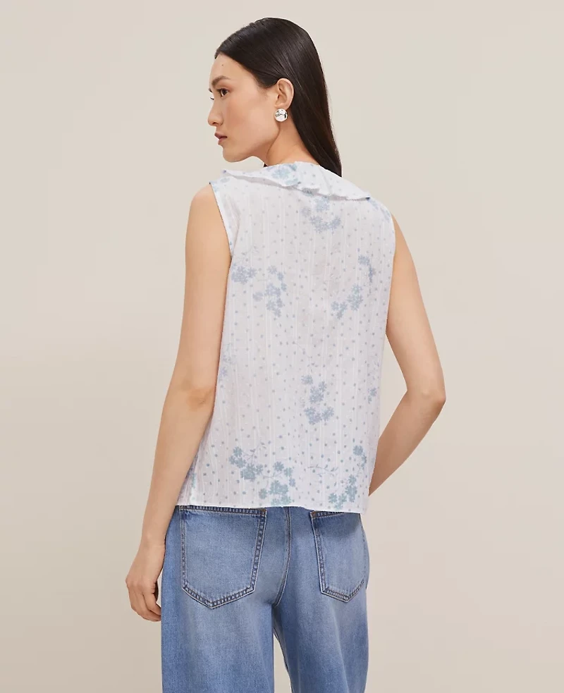 Ann Taylor Floral Pintucked Ruffle Sleeveless Top Zephyr Blue Women's