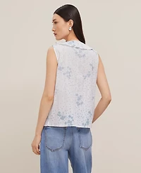 Ann Taylor Floral Pintucked Ruffle Sleeveless Top Zephyr Blue Women's