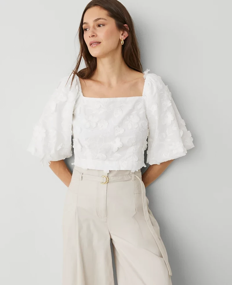 Ann Taylor Floral Square Neck Blouse Size 14 White Women's