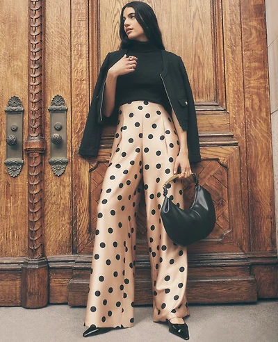 Ann Taylor The Dotted Dramatic Wide-Leg Satin Pant Cafe Au Lait Women's