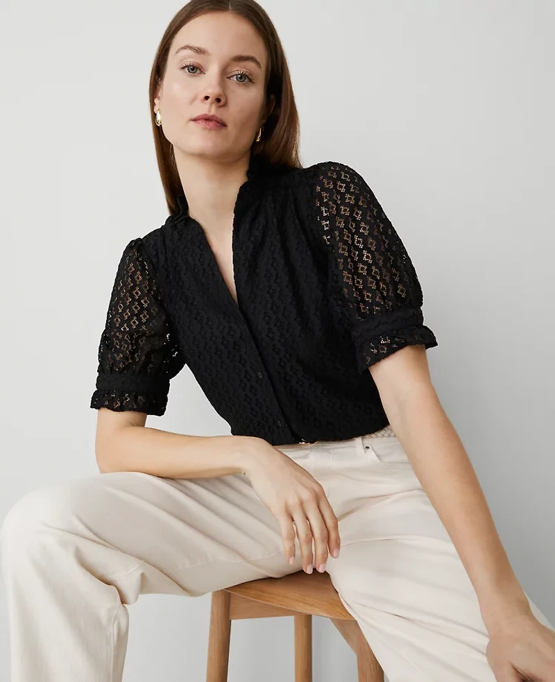 Ann Taylor Lace Ruffle Collar Blouse Black Women's