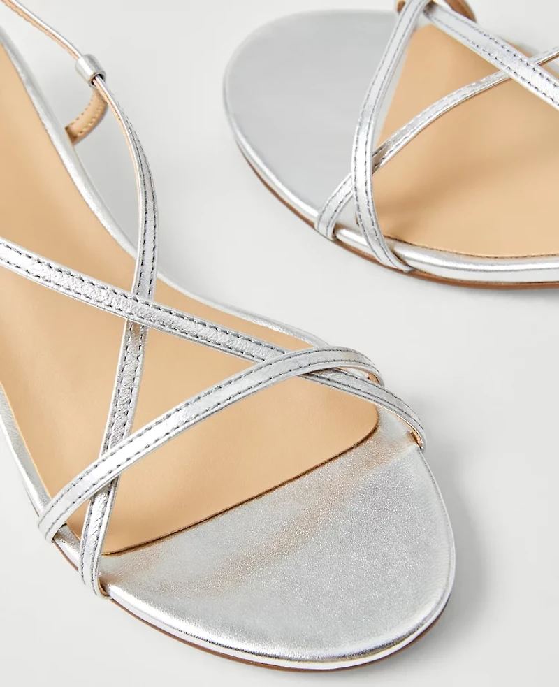 Ann Taylor Metallic Strappy Ankle Wrap Kitten Heel Sandals Silver Women's