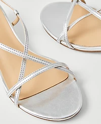 Ann Taylor Metallic Strappy Ankle Wrap Kitten Heel Sandals Silver Women's