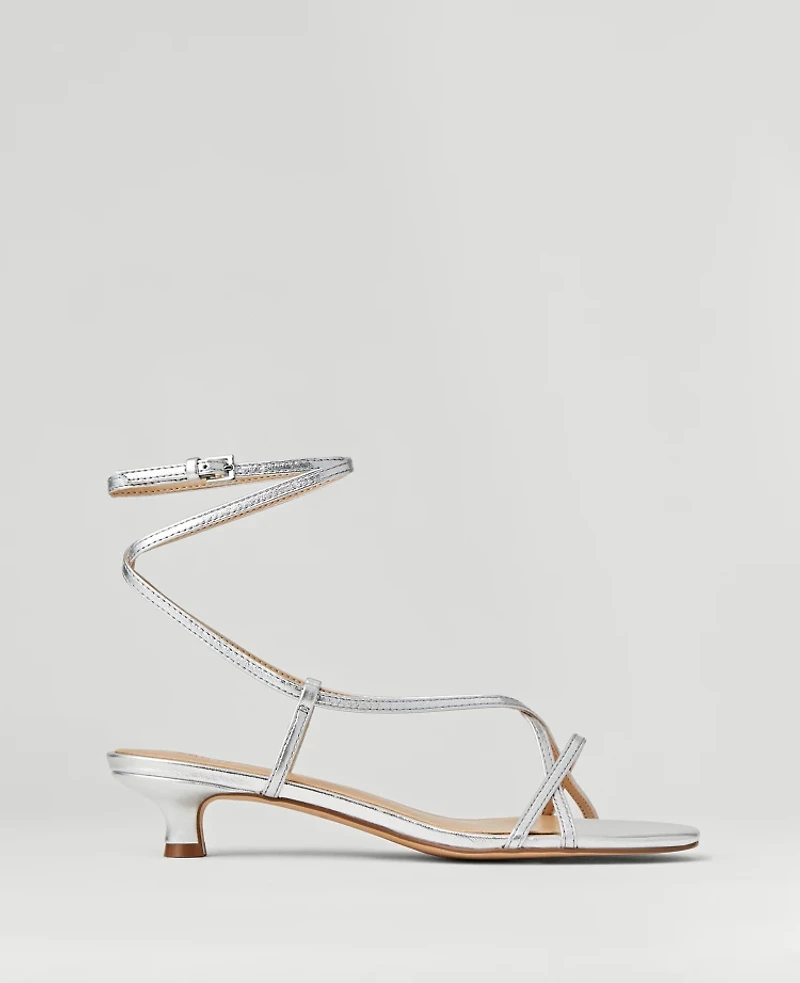 Ann Taylor Metallic Strappy Ankle Wrap Kitten Heel Sandals Silver Women's