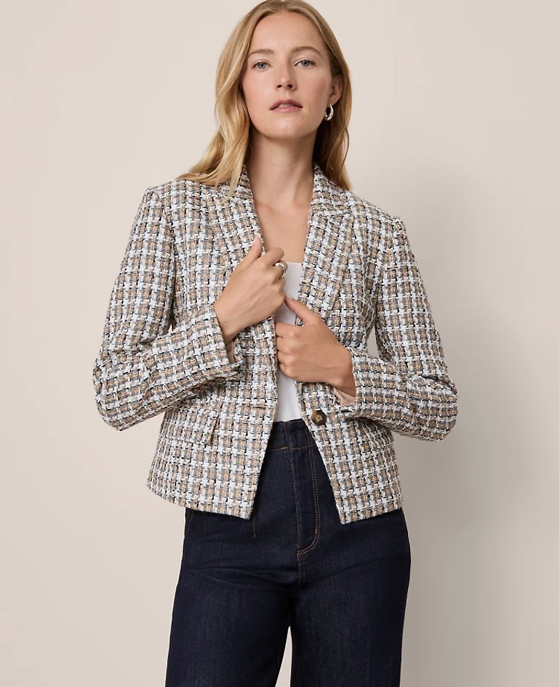 Ann Taylor The One Button Fitted Blazer Tweed Touch Of Blue Women's