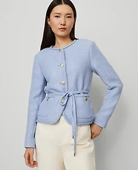 Ann Taylor Belted Tweed Crew Neck Jacket Placid Blue Women's