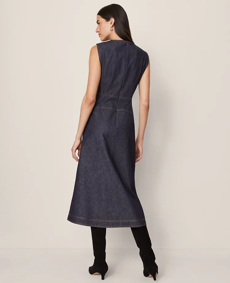 Ann Taylor Weekend Collection Crew Neck Flare Midi Dress Deep Indigo Women's
