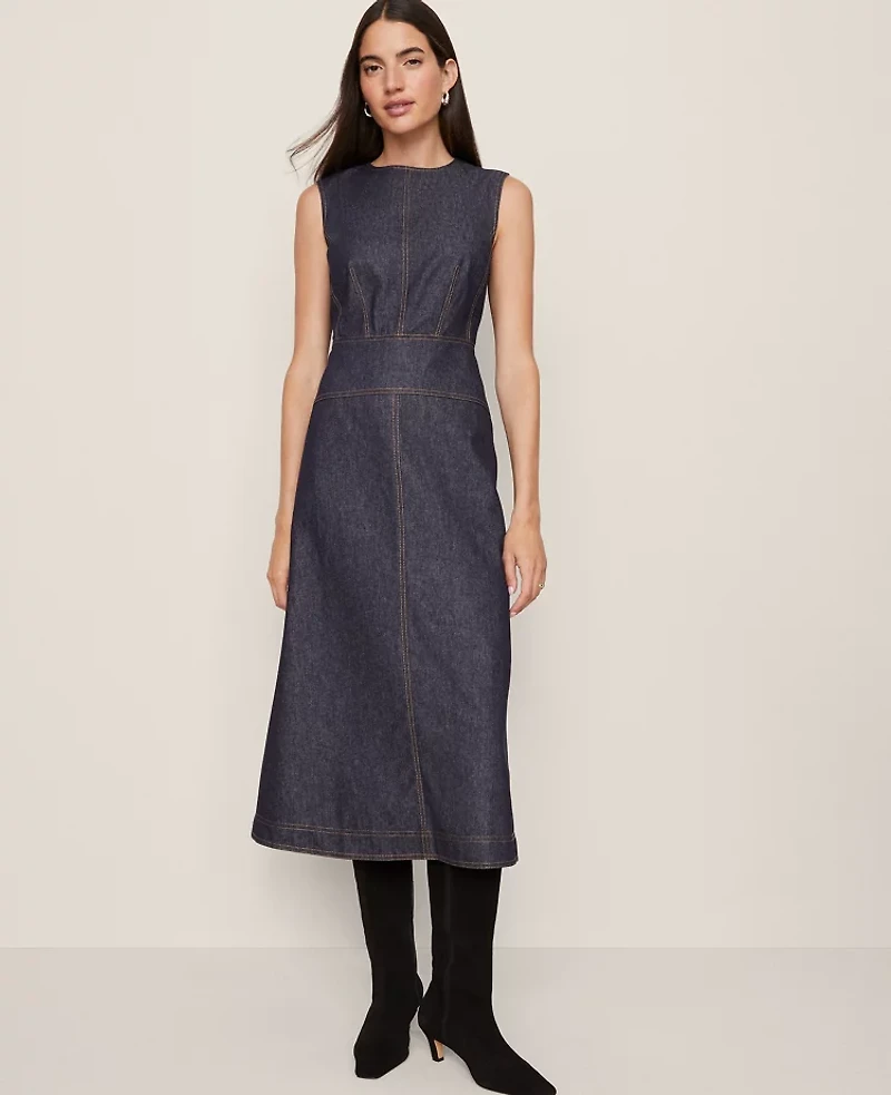 Ann Taylor Weekend Collection Crew Neck Flare Midi Dress Deep Indigo Women's