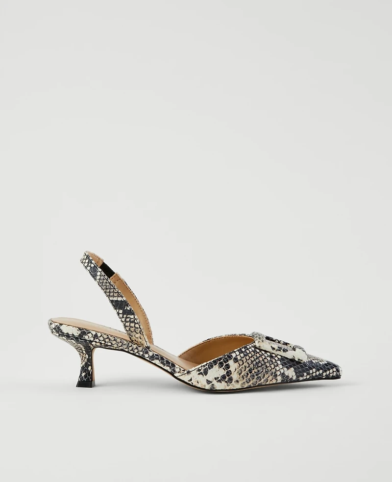 Ann Taylor Snake Print Pointy Toe Buckle Slingback Pumps Black Women's