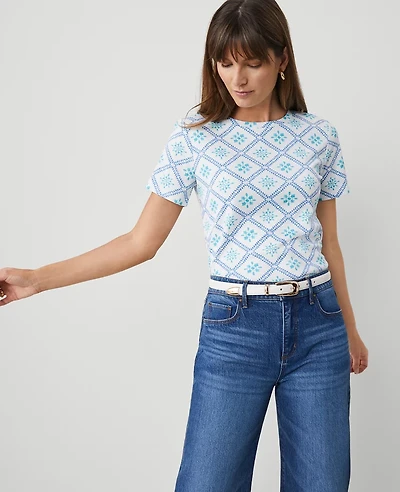 Ann Taylor Petite Tiled Crew Neck T-Shirt Size XS Sea Isle Women's