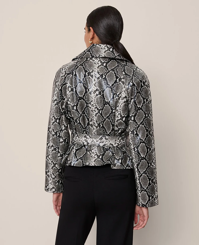 Ann Taylor Snake Print Belted Trench Coat Size Medium Black/ Neutral Snakeskin Women's
