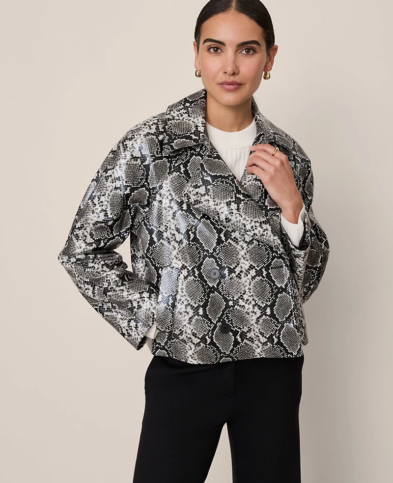 Ann Taylor Snake Print Belted Trench Coat Size Medium Black/ Neutral Snakeskin Women's
