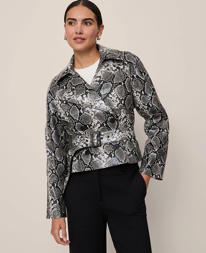 Ann Taylor Snake Print Belted Trench Coat Size Medium Black/ Neutral Snakeskin Women's